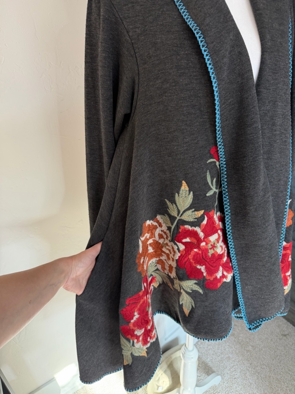 Floral Embroidered Boho Open Front Cardigan Jacket Terry Knit EUC - Picture 5 of 7